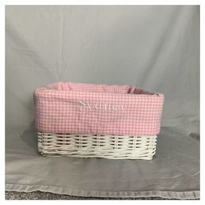 PB Kids medium pink gingham basket liners.  Embroidered with the name Sydney